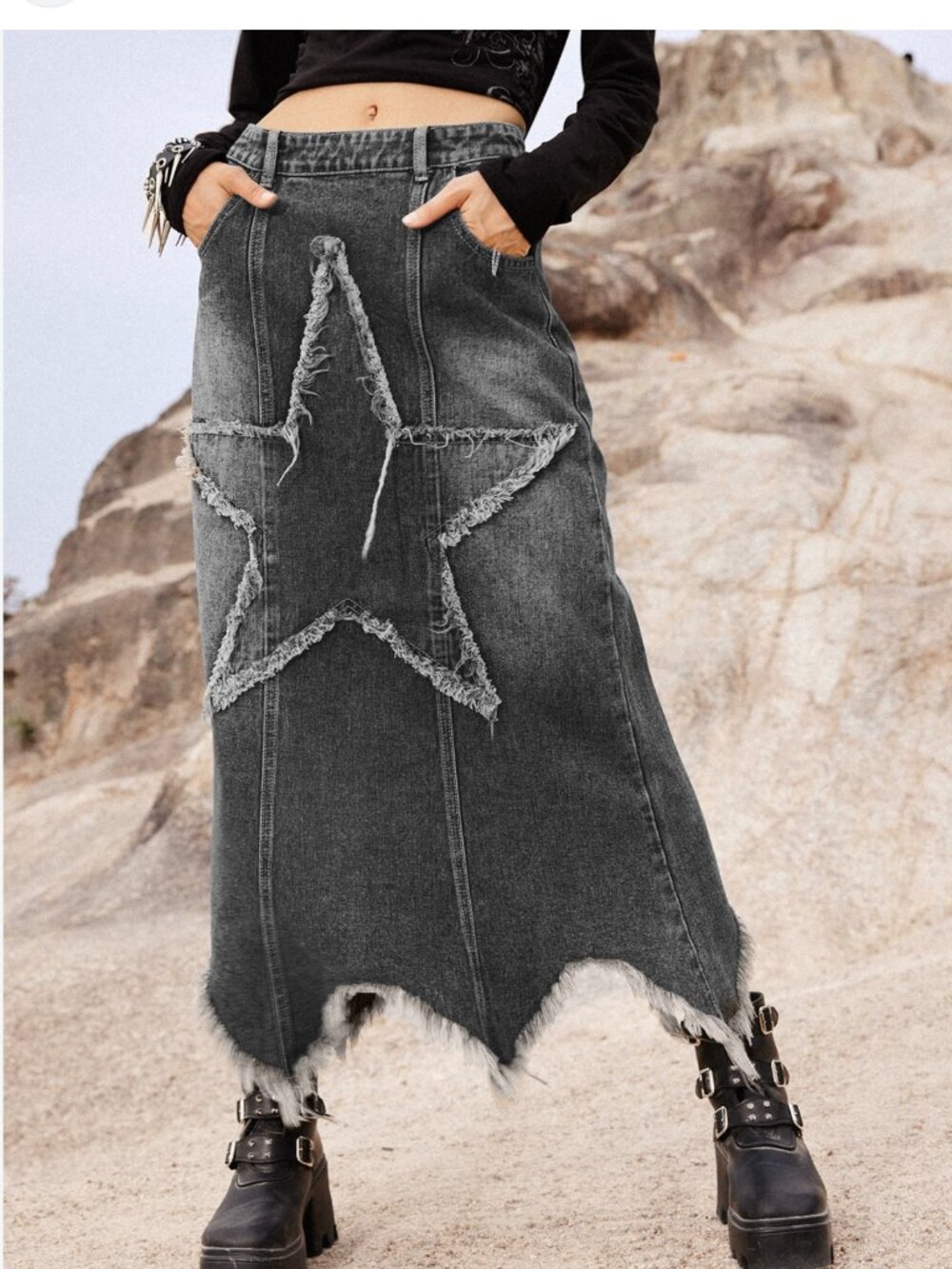 Romwe Grunge Punk Star Pattern Asymmetrical Raw Hem Denim Skirt Large 8/10